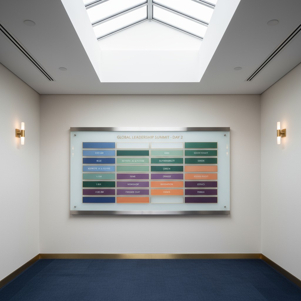 Sparse hallway imagery with what appears to be a wall-mounted sign. Alt text should include the colors visible within the ...