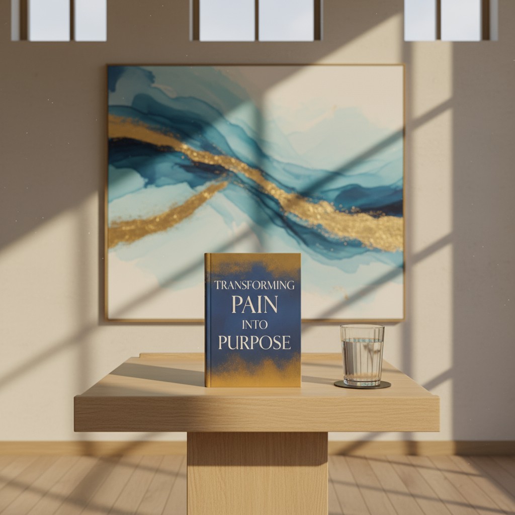 A book cover entitled, "Transforming Pain Into Purpose" sitting on a table, with abstract artistic light blue and white fr...