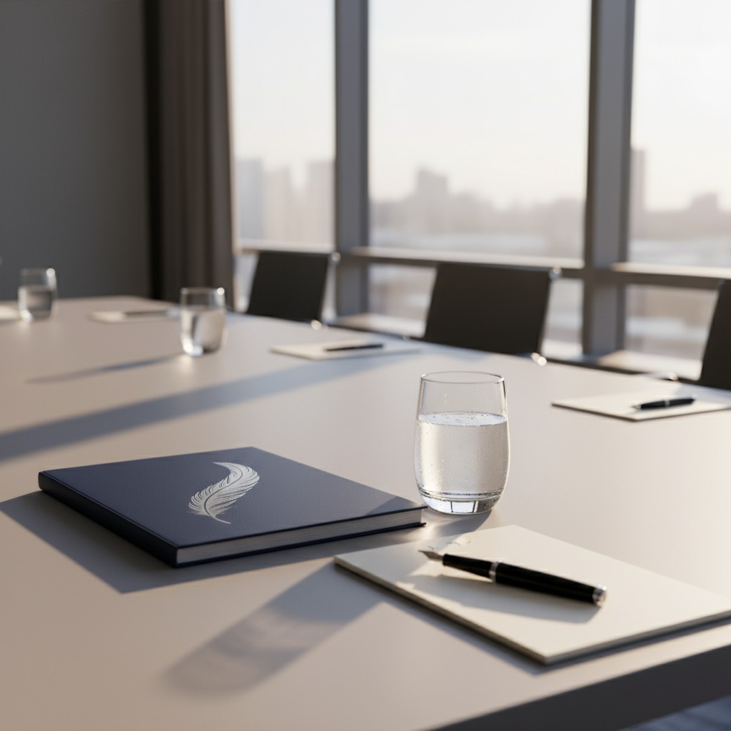 A conference table with a glass of water, notebook, and pen in front of it, set against a large window with a cityscape ou...